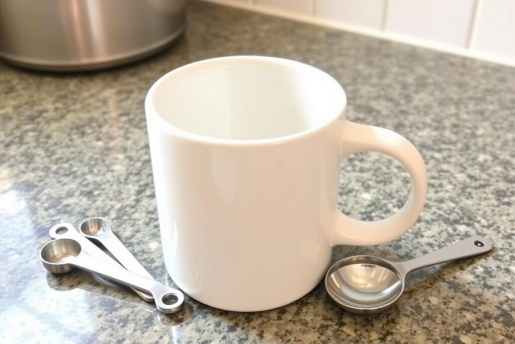 A microwave-safe ceramic mug with measuring spoons and a mixing spoon beside it