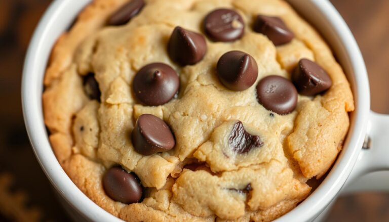 Freshly made chocolate chip mug cookie with melted chocolate chips visible on top