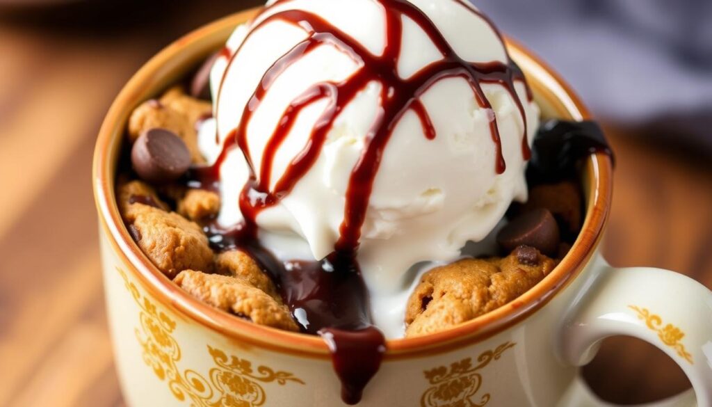 Mug cookie topped with vanilla ice cream and chocolate sauce