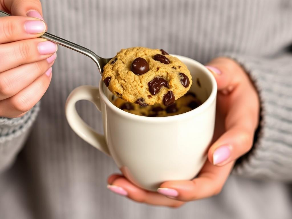 Person enjoying a freshly made mug cookie with a spoon