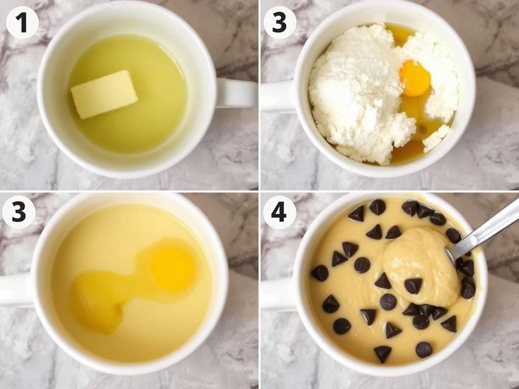 Step-by-step process of making a mug cookie recipe showing mixing ingredients in a mug