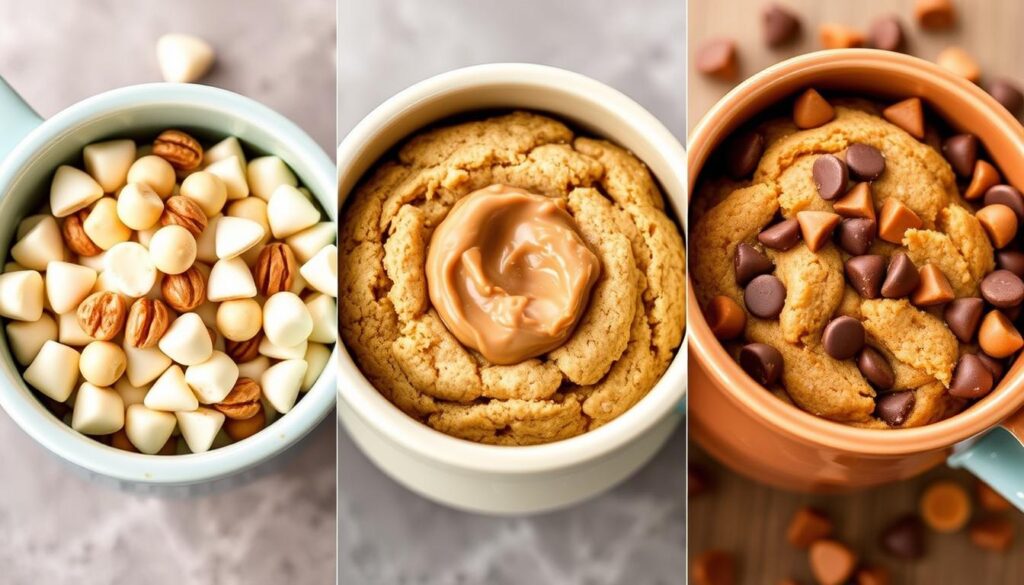 Three different mug cookie variations showing different mix-ins and toppings