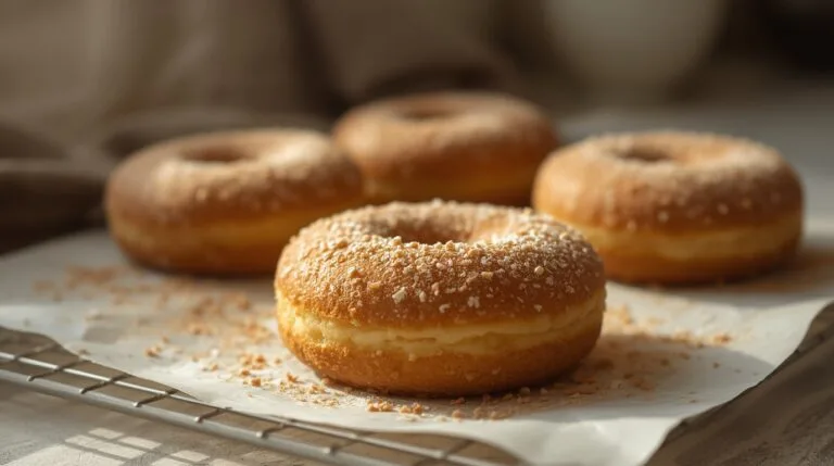 homemade cake donut recipe on plate with sugar coating